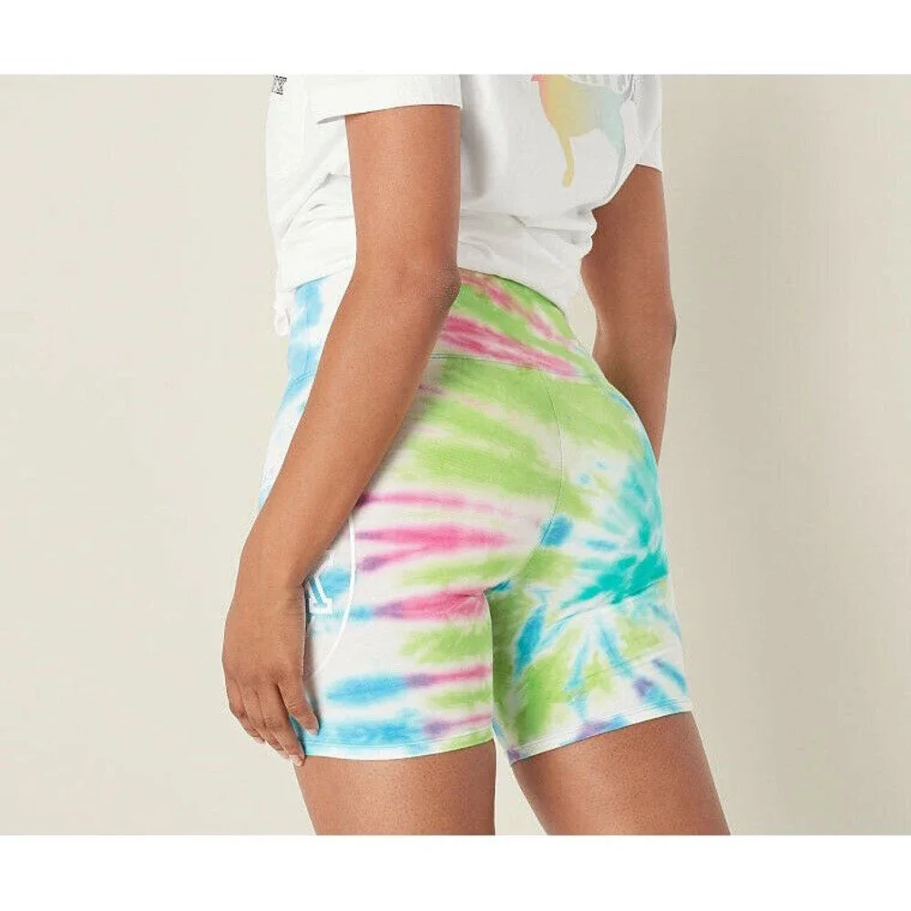 VS VICTORIAS SECRET PINK HIGH WAIST BIKE SHORT SHORTIE SPIRAL TIE DYE M